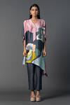 Buy_Clos_Grey Dupion Silk Printed Abstract V-neck Asymmetric Kurta And Pant Set _at_Aza_Fashions