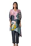 Clos_Grey Dupion Silk Printed Abstract V-neck Asymmetric Kurta And Pant Set _Online_at_Aza_Fashions