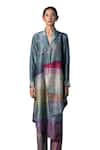 Buy_Clos_Grey Dupion Silk Printed Abstract Lapel Asymmetric Kurta With Pant 