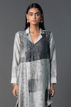 Shop_Clos_Silver Dupion Silk Print Floral Collar Assymetric Patchwork Shirt Tunic_Online_at_Aza_Fashions