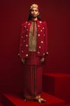 Masaba_Red Heavy Crepe Embellished Gold Plated Mascots The Crimson All Star Jacket _Online_at_Aza_Fashions