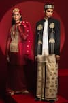 Masaba_Red Heavy Crepe Embellished Gold Plated Mascots The Crimson All Star Jacket _at_Aza_Fashions