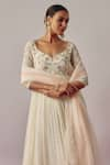 wildflower by krishna_Ivory Organza Embroidery Tikki Leaf Neck Bloom And Salli Anarkali Set _Online_at_Aza_Fashions