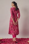 Shop_wildflower by krishna_Pink Organza Print Floral Notched Round Neck Gul And Embellished Kurta Pant Set _at_Aza_Fashions