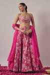 Shop_wildflower by krishna_Pink Pure Crepe Print Petunia Garden Sweetheart Neck And Embellished Lehenga Set _at_Aza_Fashions