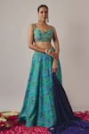 Buy_wildflower by krishna_Blue Pure Crepe Print Bluebell Bloom Sweetheart Neck And Embellished Lehenga Set_at_Aza_Fashions