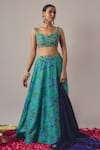 Buy_wildflower by krishna_Blue Pure Crepe Print Bluebell Bloom Sweetheart Neck And Embellished Lehenga Set_Online_at_Aza_Fashions