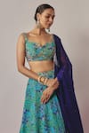 Shop_wildflower by krishna_Blue Pure Crepe Print Bluebell Bloom Sweetheart Neck And Embellished Lehenga Set_Online_at_Aza_Fashions