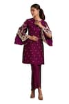 Shop_Label Deepshika Agarwal_Wine Cotton, Silk Embroidery Asymmetric Hand Kurta And Pant Set _Online_at_Aza_Fashions