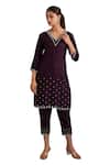 Buy_Label Deepshika Agarwal_Wine Silk Embroidery, Metallic Thread V-neck Moti Kurta And Pant Set _Online_at_Aza_Fashions