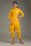 Buy_Label Deepshika Agarwal_Yellow Silk Mirrors Mandarin Collar Floral Work Border Kurta And Pant Set _at_Aza_Fashions