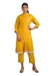 Label Deepshika Agarwal_Yellow Silk Mirrors Mandarin Collar Floral Work Border Kurta And Pant Set _at_Aza_Fashions