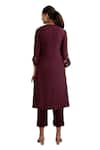 Label Deepshika Agarwal_Wine Cotton, Silk Embroidery, Cut Work Round Neck Yoke Kurta And Pant Set _at_Aza_Fashions