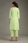 Shop_Label Deepshika Agarwal_Green Organza, Cotton Embroidery Split V-neck Placed Floral Kurta Set _at_Aza_Fashions
