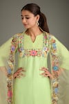 Label Deepshika Agarwal_Green Organza, Cotton Embroidery Split V-neck Placed Floral Kurta Set _Online_at_Aza_Fashions