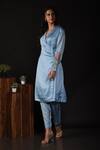 Shop_Label Deepshika Agarwal_Blue Satin, Silk Embroidery, Beads Collared Floral Wrap Kurta With Pant _at_Aza_Fashions