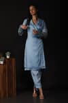 Label Deepshika Agarwal_Blue Satin, Silk Embroidery, Beads Collared Floral Wrap Kurta With Pant _Online_at_Aza_Fashions