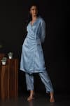 Label Deepshika Agarwal_Blue Satin, Silk Embroidery, Beads Collared Floral Wrap Kurta With Pant _at_Aza_Fashions