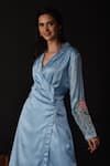 Shop_Label Deepshika Agarwal_Blue Satin, Silk Embroidery, Beads Collared Floral Wrap Kurta With Pant 