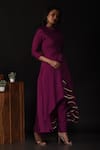 Label Deepshika Agarwal_Purple Silk, Organza Embroidery Bandeau Neck High Low Front Slit Kurta With Pant _Online_at_Aza_Fashions
