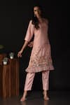Buy_Label Deepshika Agarwal_Peach Silk, Organza Embroidery Round Neck Birds Kurta With Pant 