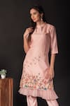 Shop_Label Deepshika Agarwal_Peach Silk, Organza Embroidery Round Neck Birds Kurta With Pant 