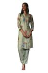 Shop_Label Deepshika Agarwal_Green Silk Embroidery Split V-neck Floral Kurta With Pant _Online_at_Aza_Fashions