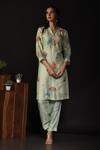 Label Deepshika Agarwal_Green Silk Embroidery Split V-neck Floral Kurta With Pant _at_Aza_Fashions