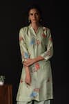Shop_Label Deepshika Agarwal_Green Silk Embroidery Split V-neck Floral Kurta With Pant 