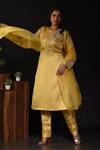 Shop_Label Deepshika Agarwal_Yellow Modal Satin Embroidered Beads Round Floral Garden Kura Pant Set _at_Aza_Fashions