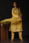 Label Deepshika Agarwal_Yellow Modal Satin Embroidered Beads Round Floral Garden Kura Pant Set _at_Aza_Fashions