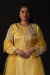 Shop_Label Deepshika Agarwal_Yellow Modal Satin Embroidered Beads Round Floral Garden Kura Pant Set 