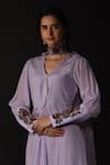 Label Deepshika Agarwal_Purple Organza, Crepe Embroidery V-neck Floral Knotted Kurta With Dupatta _at_Aza_Fashions