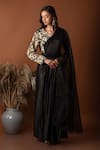 Buy_Label Deepshika Agarwal_Black Silk Embroidered Thread V-neck Geometric Draped Gown _at_Aza_Fashions