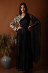 Shop_Label Deepshika Agarwal_Black Silk Embroidered Thread V-neck Geometric Draped Gown _at_Aza_Fashions