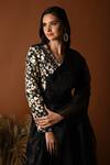 Label Deepshika Agarwal_Black Silk Embroidered Thread V-neck Geometric Draped Gown _at_Aza_Fashions