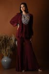 Buy_Label Deepshika Agarwal_Maroon Crepe Embroidered Thread Round Floral Peplum Top With Sharara _Online_at_Aza_Fashions