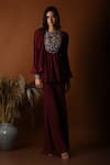 Shop_Label Deepshika Agarwal_Maroon Crepe Embroidered Thread Round Floral Peplum Top With Sharara _Online_at_Aza_Fashions