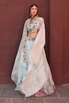 Buy_Label Deepshika Agarwal_Blue Couture Silk Embroidered Thread V Neck Floral Bridal Lehenga Set_at_Aza_Fashions