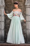Buy_Label Deepshika Agarwal_Blue Couture Linen Silk Embroidered Floral Straight Off-shoulder Gown_at_Aza_Fashions