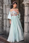 Label Deepshika Agarwal_Blue Couture Linen Silk Embroidered Floral Straight Off-shoulder Gown_at_Aza_Fashions