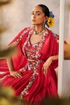 Shop_Label Deepshika Agarwal_Red Couture Satin Embroidered Floral V Cutwork Cape Skirt Set_at_Aza_Fashions