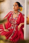 Shop_Label Deepshika Agarwal_Red Couture Satin Embroidered Floral V Cutwork Cape Skirt Set _at_Aza_Fashions