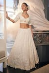 Buy_Label Deepshika Agarwal_White Satin Organza Embroidered Sequin Hexagon Moti Work Lehenga Set _at_Aza_Fashions