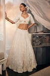 Shop_Label Deepshika Agarwal_White Satin Organza Embroidered Sequin Hexagon Moti Work Lehenga Set _at_Aza_Fashions