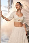 Buy_Label Deepshika Agarwal_White Satin Organza Embroidered Sequin Hexagon Moti Work Lehenga Set _Online_at_Aza_Fashions