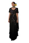 Label Deepshika Agarwal_Black Georgette Lining Taffeta Bloom Tiered Pre-draped Saree With Blouse_Online_at_Aza_Fashions