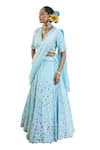 Buy_Label Deepshika Agarwal_Blue Couture Satin Embroidery Iris Fleur V Neck Cape Lehenga Set 