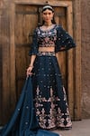 Buy_Label Deepshika Agarwal_Blue Couture Linen Silk Embroidery Dainty Bloom Round Neck Lehenga Set _at_Aza_Fashions