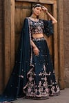 Label Deepshika Agarwal_Blue Couture Linen Silk Embroidery Dainty Bloom Round Neck Lehenga Set _Online_at_Aza_Fashions